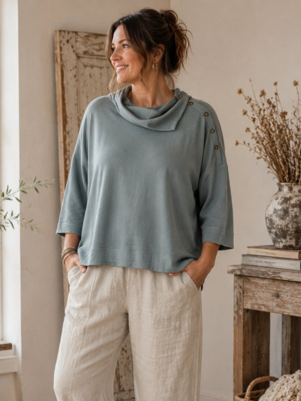 Pure Jill Blue Cowl Neck Sweatshirt XL 100% Cotton Button Shoulder Tunic